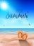 Beach summer background, Sunny sand tropical travel party coast background with slippers on sand