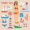 Beach Summer Flat Icons Set. Hand Drawn Vector Illustration