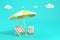 Beach sunbed with umbrella, wooden deck chair. Summertime relax