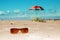 Beach sunglasses umbrella sea and sky