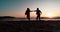 Beach, sunset dance and happy couple on vacation with travel, freedom and marriage outdoor with love. Sea, date and