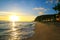 Beach sunset at Lalomanu beach in Samoa, Upolu island, seascape with traditional beach fales