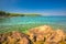 Beach in Supetar town on Brac island with turquoise clear water, Supetar, Brac, Croatia, Europe