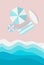 Beach top view vertical banner. Beach umbrella, deck chair, surf and pink sand lifebuoy next to the azure waves. Cartoon