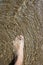 Beach tourist feet walking on shore shallow water