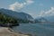 Beach and town embankment in Stresa, Maggiore lake, Italy