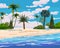 Beach tropical island, palms and plants. Coast exotic ocean sea, resort seaside summertime view. Vector illustration