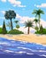 Beach tropical island, palms and plants. Coast exotic ocean sea, resort seaside summertime view. Vector illustration