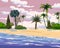 Beach tropical island, palms and plants. Coast exotic ocean sea, resort seaside summertime view. Vector illustration