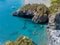 Beach and Tyrrhenian Sea, coves and promontories overlooking the sea. Italy. Aerial view, San Nicola Arcella, Calabria coastline