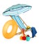 Beach umbrella, deck chair, inflatable ring, hat, towel and child`s sand toys on white background