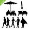 Beach umbrella and deck with peoples silhouette vector