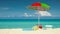 Beach, Umbrella, towel, cooler. bag. Miami Beach Florida. Atlantic Ocean. Summer vacations in Florida. Beautiful Panorama