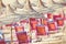 Beach umbrellas on the the beautiful beach in Morocco. Selective focus