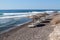 Beach umbrellas and sun beds, empty beach without people