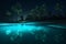 beach vacation blue tropical ocean tree luminous night paradise sky palm. Generative AI.