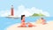 Beach vacation, cartoon happy family vacationer people spend weekend time on sea beach island