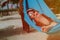 Beach vacation -happy little boy relaxed in hammock at sea