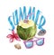 beach vacation stuff, summer watercolor illustration with coconut, sunglasses, plumeria and shells, isolated clip art