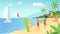 Beach vacation. Summertime, young people with cocktails, ball and surfboard on sea. Ocean relax vector illustration
