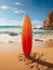 Beach vacation with a surfboard resting in the golden sand, against the backdrop of the sea and rugged rocks