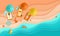 Beach vacation Tiny people sunbathe on a tropical beach Top view background