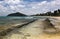 Beach View, Palm Trees and Rocks; Palm Island, Saint Vincent and the Grenadines.