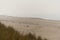 Beach view from the path sand between the dunes at Dutch coastline. Marram grass, Netherlands.