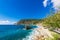 Beach in the village Monterosso al Mare on shore of the Mediterranean Sea in Italy