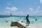 Beach at Villingili island at Maldives crowded by local people