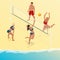 Beach volley ball player jumps on the net and tries to blocks the ball. Summer active holiday concept. Vector isometric