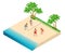 Beach volley ball player jumps on the net and tries to blocks the ball. Summer active holiday concept. Vector isometric