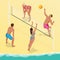 Beach volley ball player jumps on the net and tries to blocks the ball. Summer active holiday concept. Vector isometric