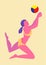 Beach volleyball. Girl in bikini returns a ball. Image of people isolated on a yellow background. Vector illustration.