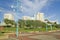 Beach walkway with skyline of Durban skyline, South Africa on the Indian Ocean