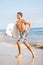 Beach water sports surfing man with body surfboard