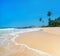 Beach with waves against rock and palm trees in sunny day