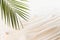 Beach with wavy white sand, seashells and palm leaf as summer tropical background, copy space.