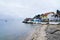 Beach winter wooden colored fisherman wood house cabins on bassin d`Arcachon France