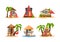 Beach wooden huts set. Bungalow hotel on exotic topical beach. Summer vacation and travel concept cartoon vector