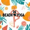 Beach yoga concept. Funny girl in a swimsuit in a yoga pose on the background of fruits and exotic plants. Cartoon character