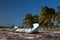 Beached Abandoned Boat Skiff on Isla Blanca peninsula on Cancun Bay Mexico