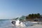 Beached Abandoned Boat on sunny morning on Isla Blanca peninsula on Cancun Bay Mexico