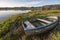 A beached blue sailor\\\'s raft drenched with water and damaged wood among the shoreline plants next to a cove at dawn