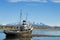 Beached ship on Ushuaia port, Argentina landscape