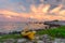 A beached yellow sea kayak on the beach at Fort Jefferson at sun