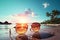 Beachfront paradise through shades Sunglasses capture sunset, palm trees, and relaxation