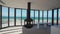 Beachfront penthouse showcases panoramic ocean view, modern design fireplace, expansive windows in high-end real estate