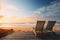 Beachfront relaxation Bench on sandy shore, captivating yellow sunset backdrop