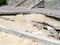 Beachfront road boardwalk damaged by storm surge